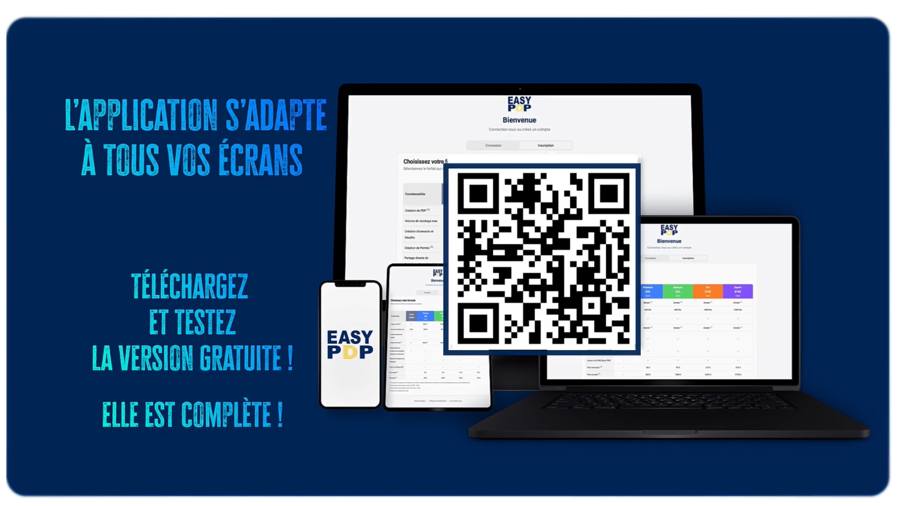 Easy PDP — application disponible sur mobile, tablette et ordinateur, avec QR code de téléchargement